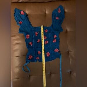 Blue Top with Red Floral Embroidery